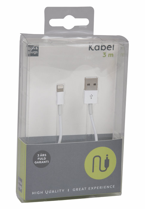 USB-A til lightning kabel - 3 meter